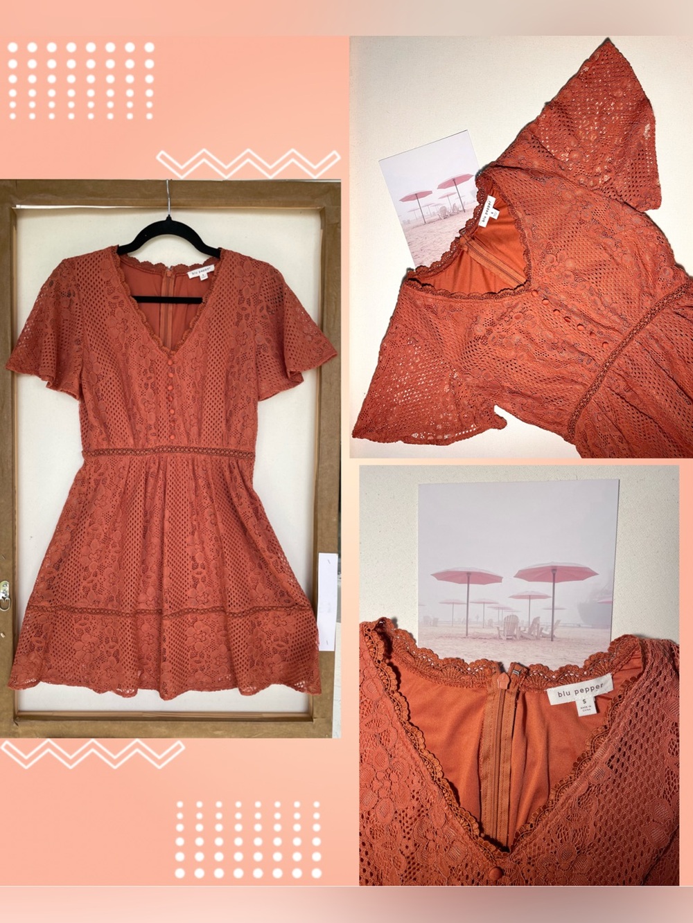 🧡Blue Pepper Burnt Orange Lace V Neck Mini Dress with Flutter Sleeves